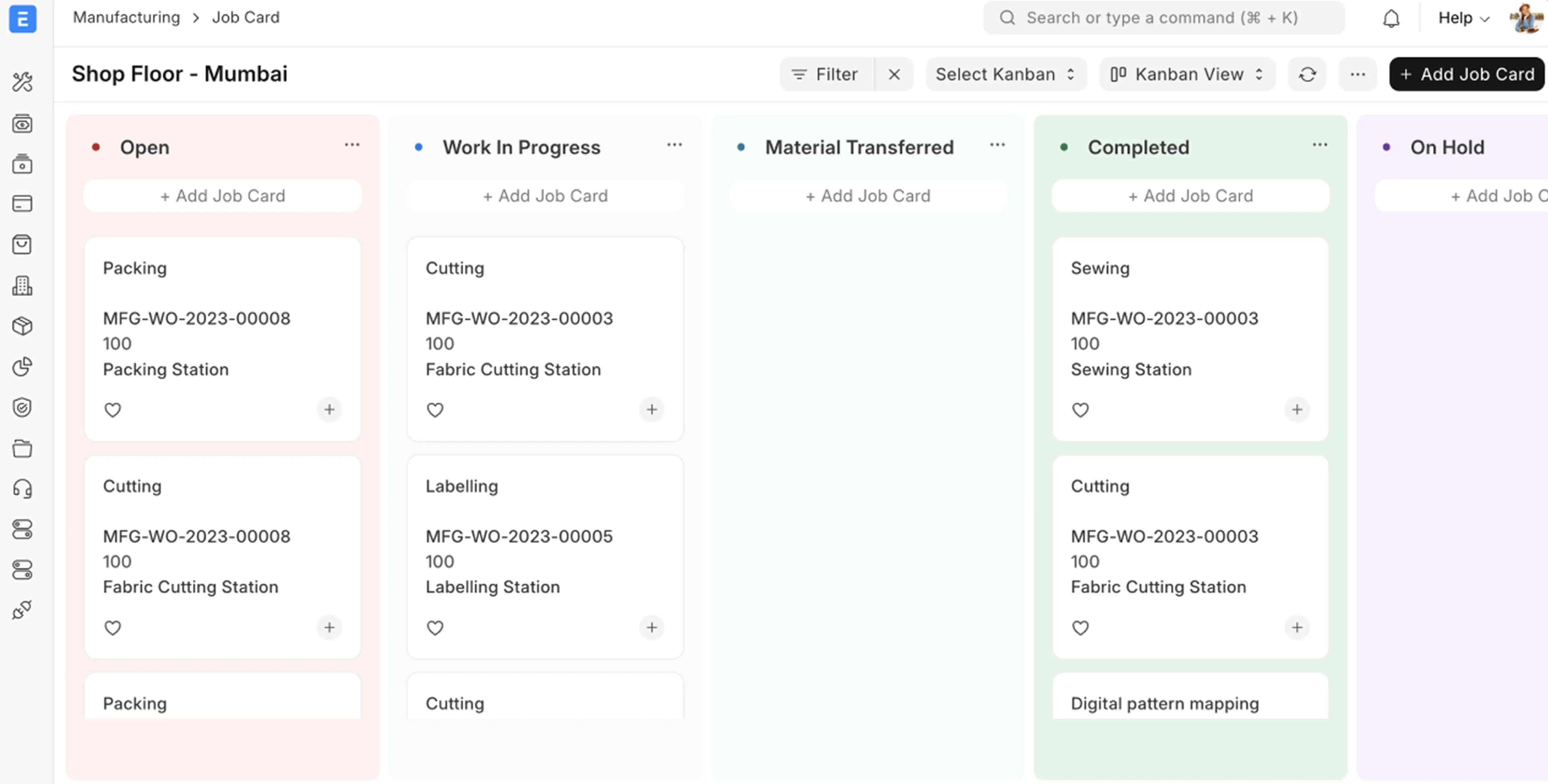 Màn hình Job Card trên ERPNext: bảng Kanban xưởng sản xuất theo trạng thái Open, Work In Progress, Material Transferred, Completed