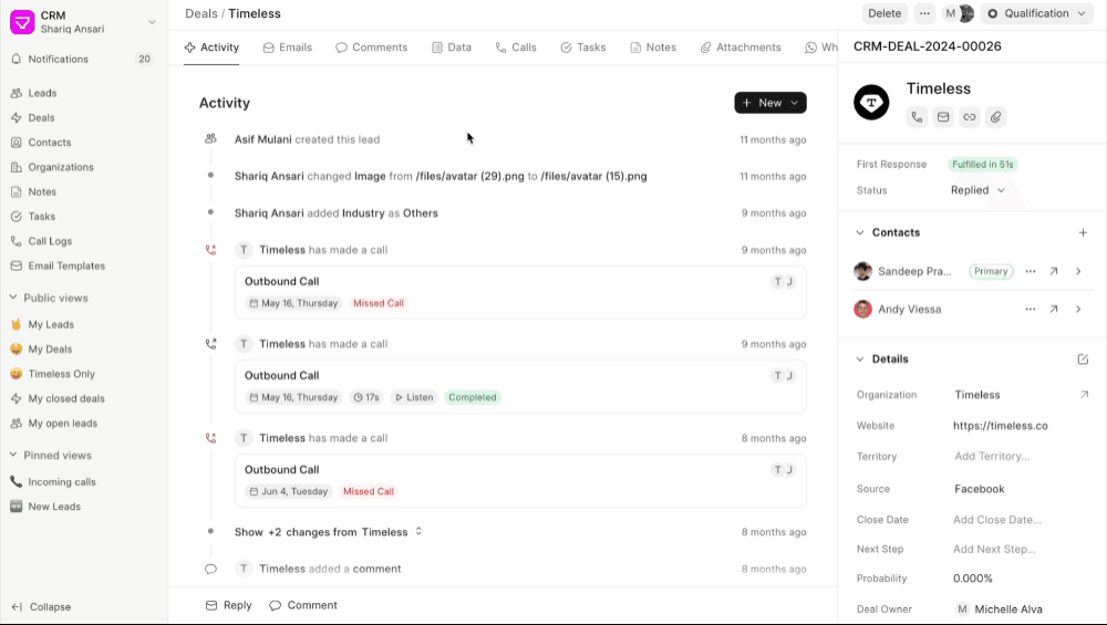 Dòng thời gian hoạt động của một deal trong CRM: hệ thống tự ghi lại thay đổi trường, cuộc gọi đến và đi, bình luận nội bộ theo thứ tự thời gian