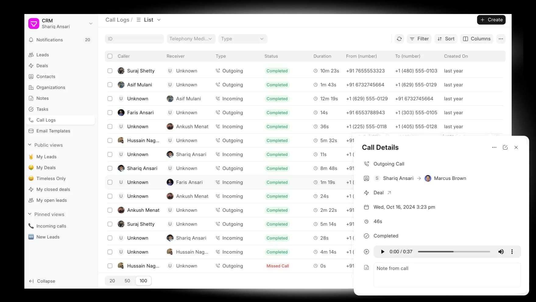 Nhật ký cuộc gọi trong CRM: người gọi, người nhận, hướng gọi, trạng thái và thời lượng, kèm panel chi tiết cuộc gọi có ghi âm và ghi chú