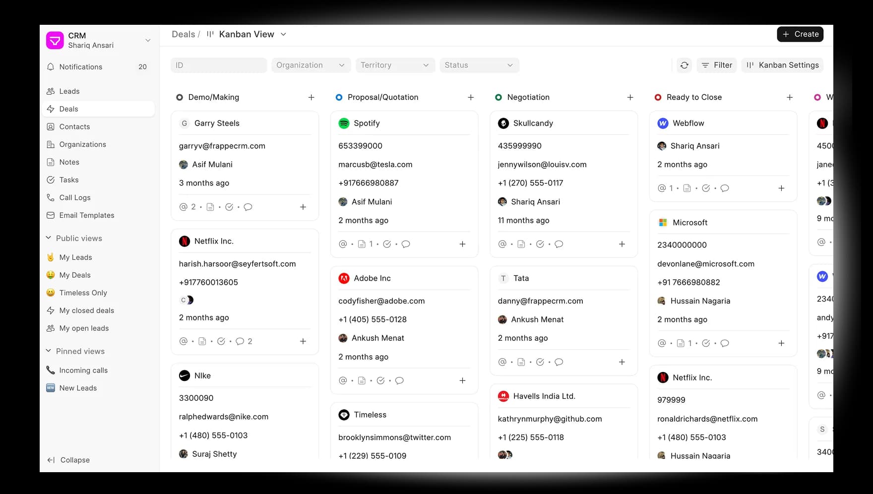 Bảng Kanban các deal trong CRM chia theo giai đoạn Demo, Báo giá, Đàm phán, Sẵn sàng chốt, mỗi thẻ hiện khách hàng, người phụ trách và lần cập nhật gần nhất