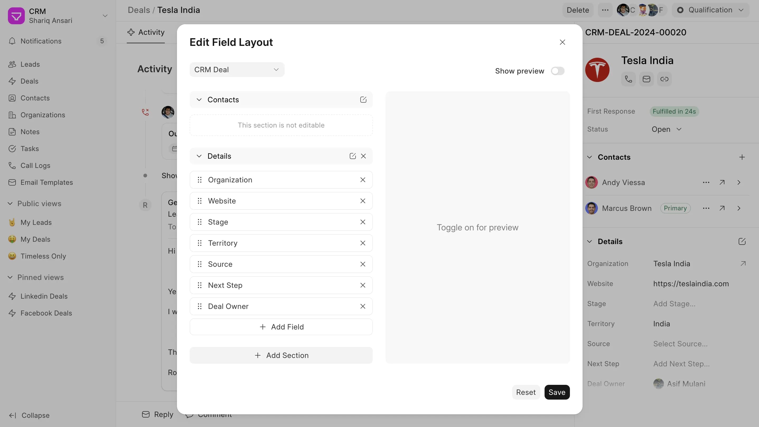 Hộp thoại Edit Field Layout trong CRM: kéo thả thứ tự trường, thêm trường và thêm mục mới cho deal mà không cần lập trình