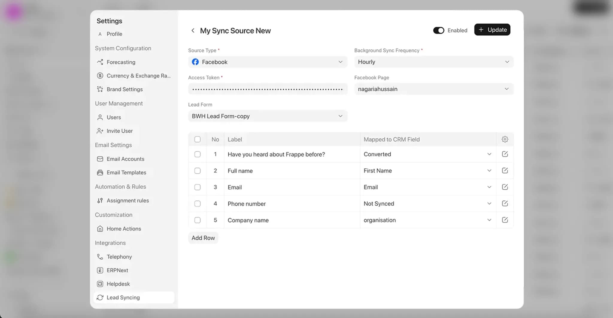 Cấu hình Lead Syncing trong CRM: nguồn Facebook, tần suất đồng bộ theo giờ, và bảng ánh xạ từng câu hỏi của Lead Form sang trường CRM