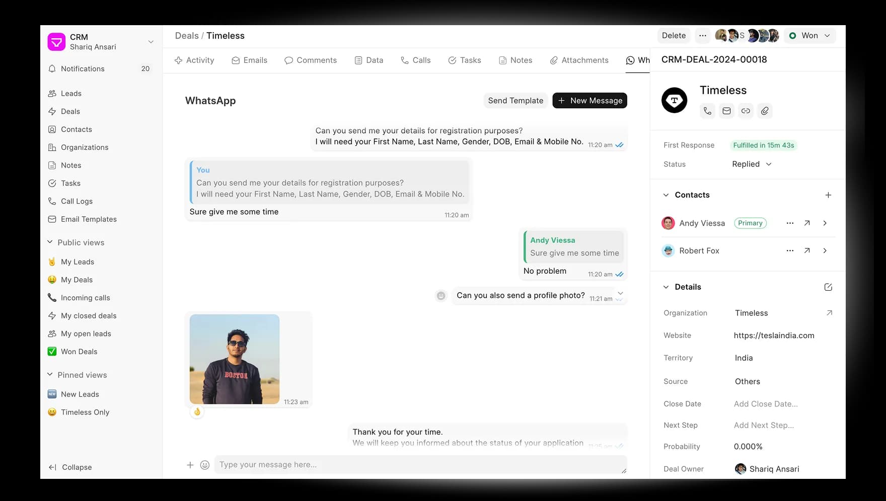Tab WhatsApp ngay trong deal CRM: toàn bộ tin nhắn với khách, gửi mẫu tin, kèm thông tin liên hệ và chi tiết deal ở cột phải