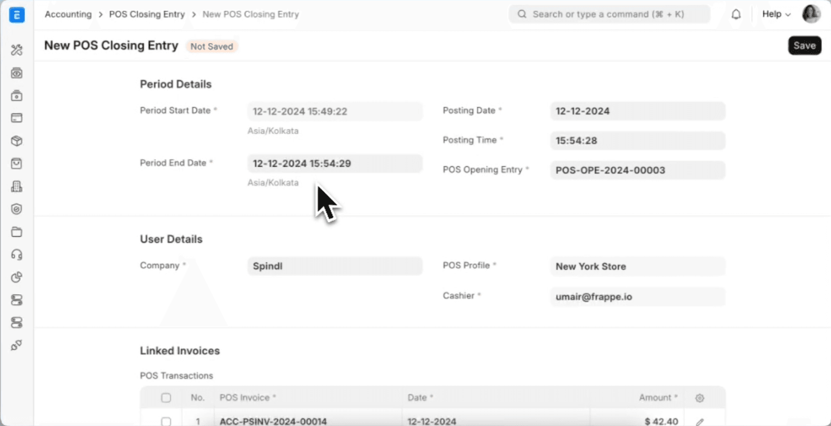 Phiếu đóng ca POS trong ERPNext: thời điểm mở và đóng ca, quầy và thu ngân phụ trách, kèm danh sách toàn bộ hoá đơn phát sinh trong ca