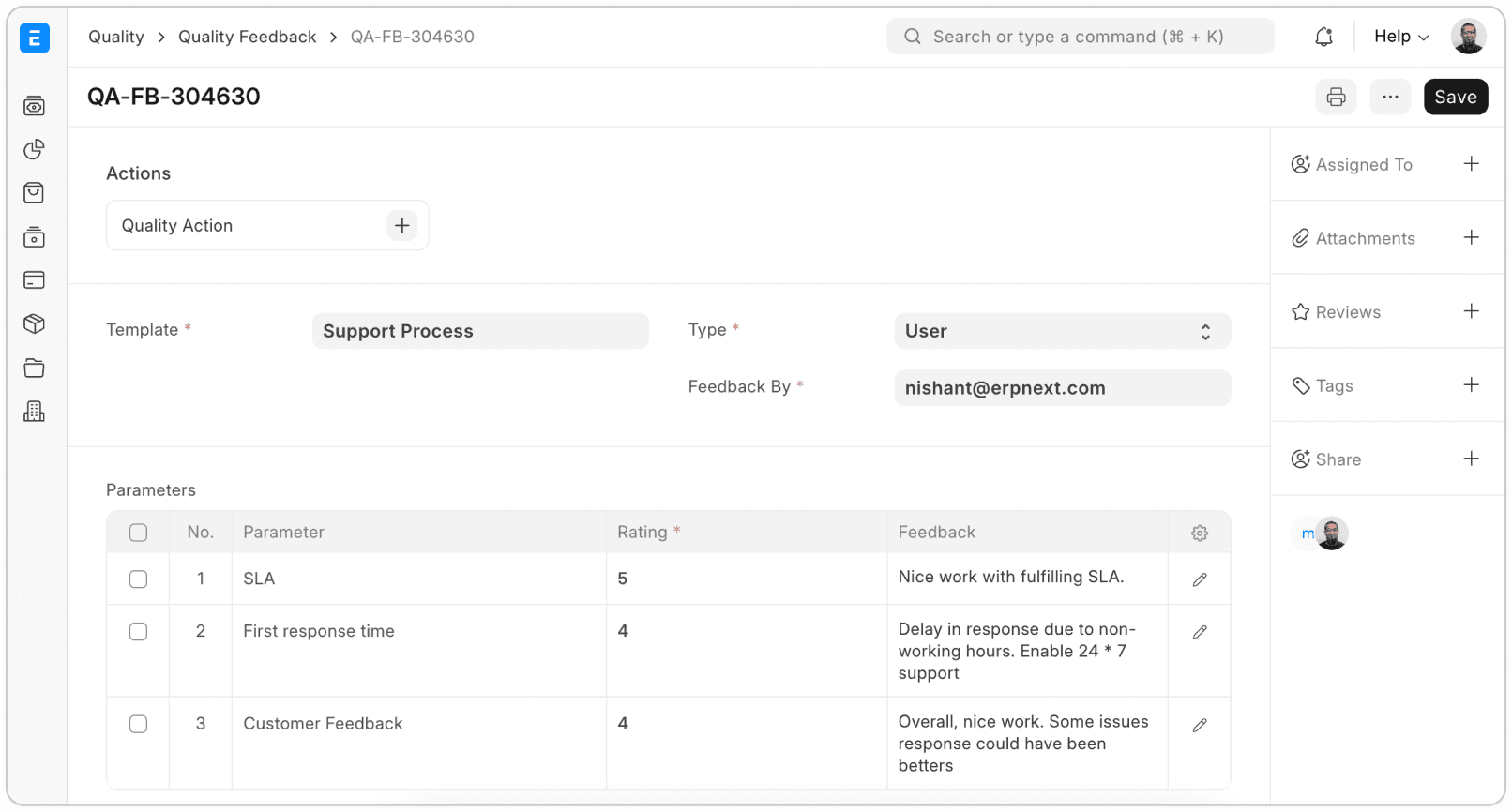 Phiếu phản hồi chất lượng trong ERPNext: biểu mẫu theo template, người phản hồi, và bảng từng tiêu chí kèm điểm đánh giá và nhận xét